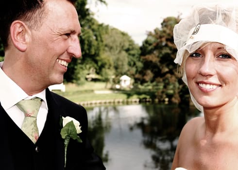 Wedding couple portrait. groom and bride marriage celebration. husband in suit and wife in wedding dress