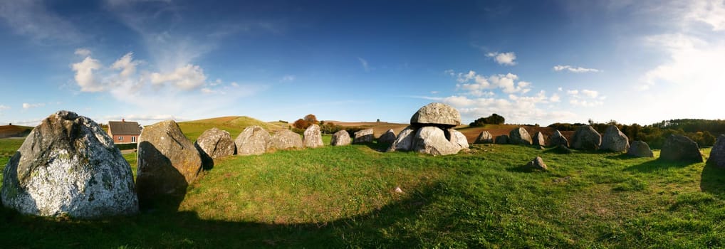 Stoneage or viking style burial site on Mols in Denmark. panoramic of Stone grave
