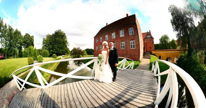 Wedding couple portrait. groom and bride marriage celebration. husband in suit and wife in wedding dress