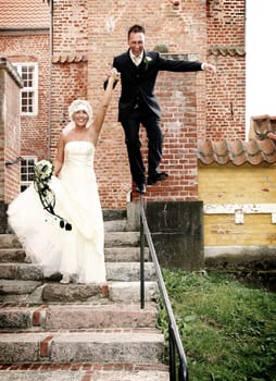 Wedding couple portrait. groom and bride marriage celebration. husband in suit and wife in wedding dress