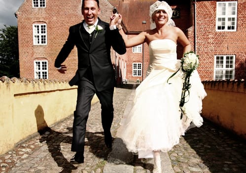 Wedding couple portrait. groom and bride marriage celebration. husband in suit and wife in wedding dress