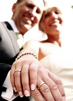 Wedding couple portrait. groom and bride marriage celebration. husband in suit and wife in wedding dress