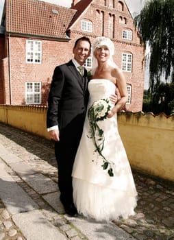 Wedding couple portrait. groom and bride marriage celebration. husband in suit and wife in wedding dress