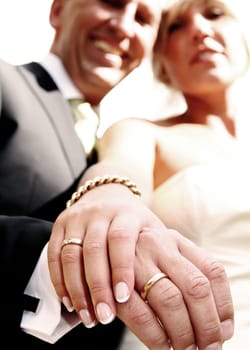Wedding couple portrait. groom and bride marriage celebration. husband in suit and wife in wedding dress