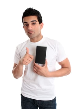 A guy holding a blank product and giving a thumbs up sign