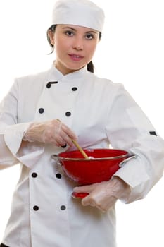Chef holding kitchen colander drainer in red