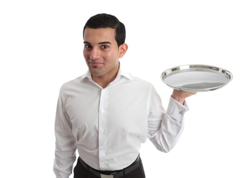 A waiter or bartender with an empty silver tray, ready for your product.  White background.