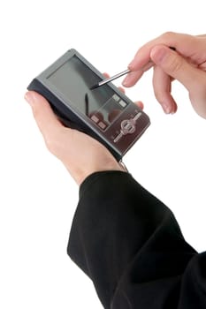 Hand holding a pda smartphone device and touchpen