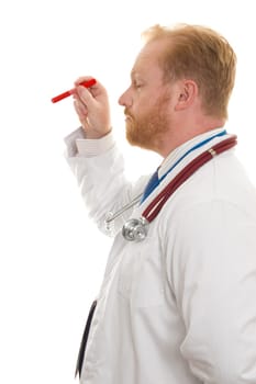 Doctor using  an examination light.  Side view.  White background.