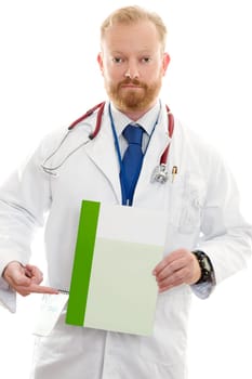 Male Doctor pointing to a brochure, leaflet or other information.  Replace with your own brochure or add text.  Whiet background.