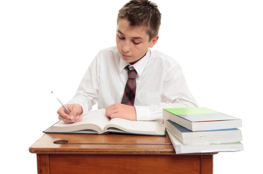 Conscientious high school studeny at desk with study books.