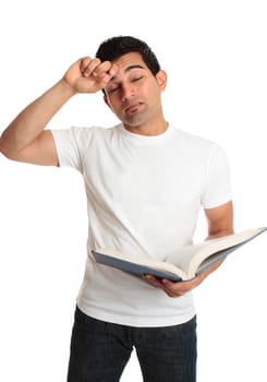A tired stressed student feeling the strain of too much study.