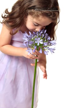 A young girl smelling a large agrican lily - agapanthus