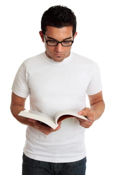 A university college student or casual man reading or studying a textbook.