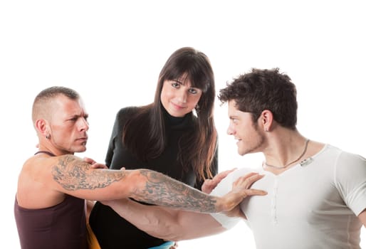 Two rival man fighting for one girl  isolated on white