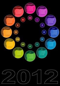 Colored calendar 2012 with months arranged in a circle (German - week starts with Monday)