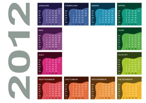Colored Annual Calendar 2012 - German (Week starts with Monday)
