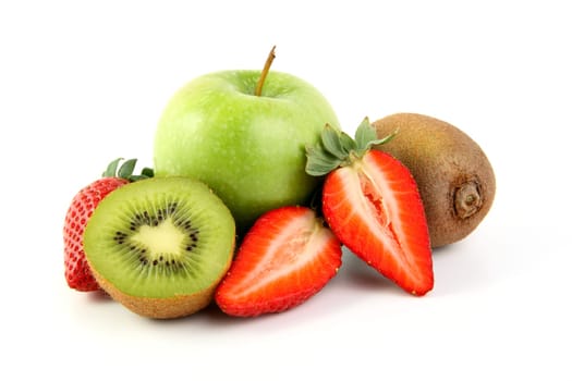 Strawberry,Apple,Kiwi - Closeup Isolated Against White Background