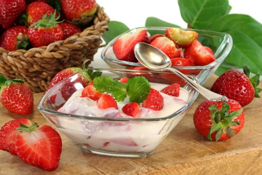 a bowl of yogurt and fresh fruits against a white background