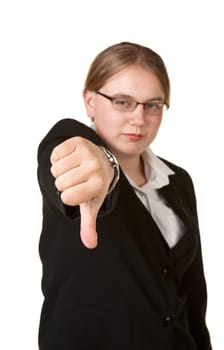 thumbs down from young business woman isolated on white background