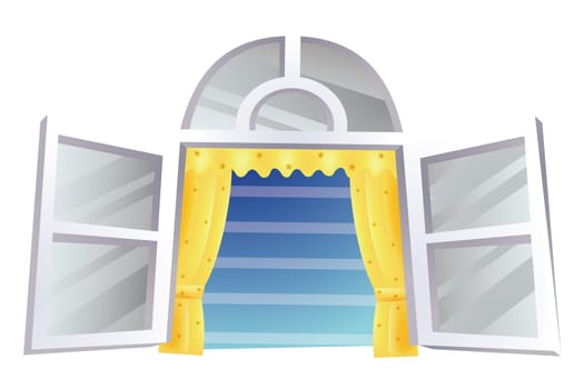 illustration of old European windows with yellow curtain