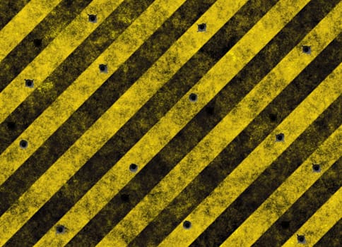 old grungy yellow hazard stripes on black road full of bulletholes