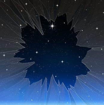 a single bright wishing star stands out from all the rest through a smashed window