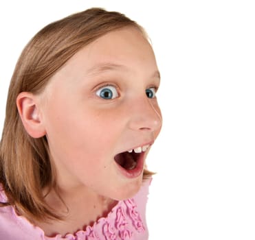 amusing expression on young girl isolated on white