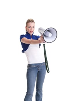 young woman with a megaphone or bullhorn isolated on white