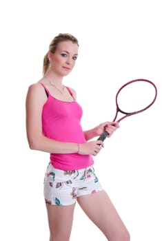 pretty young woman ready to play tennis isolated on white