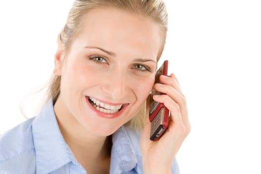 Young businesswoman on the phone on white background