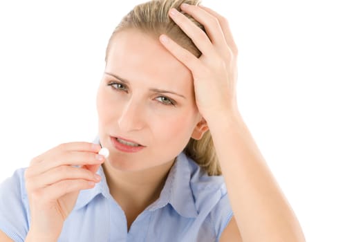Young woman with headache, migraine on white background