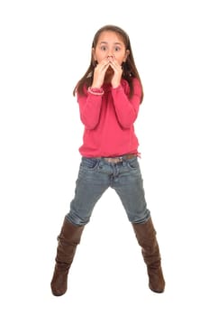 A young girl in jeans and a pink sweater and boots holding her moths because she talked to much, for white background.