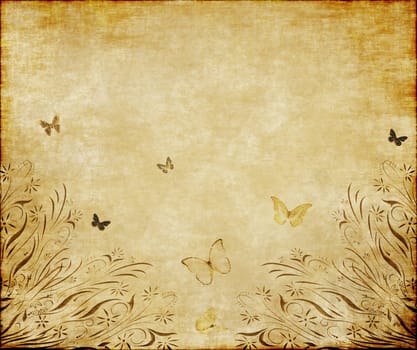 nice floral grunge illustration with butterflies on old parchment