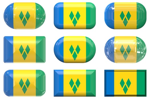 nine glass buttons of the  Flag of Saint Vincent and the Grenadines