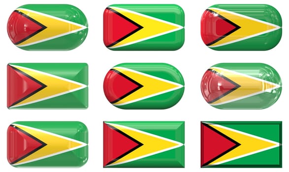 nine glass buttons of the  Flag of Guyana