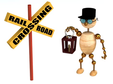 3d railroad crossing sign and wood man isolated