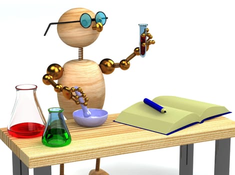 3d wood man as chemist holding test tube