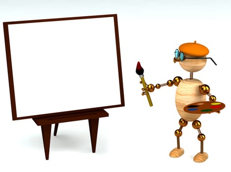 3d wood man as a painter isolated on white