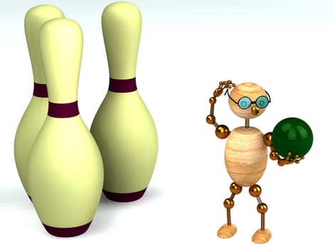 3d wood man is playing bowling isolated on white
