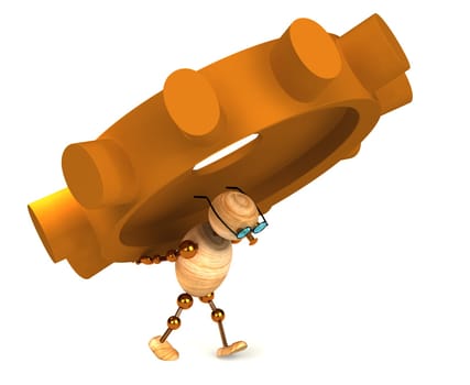 3d wood man carring a gearwheel isolated on white
