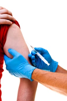 Doctor giving an injection to patient isolated on white