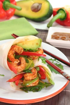 Wrap with king prawns,avocado and arugula