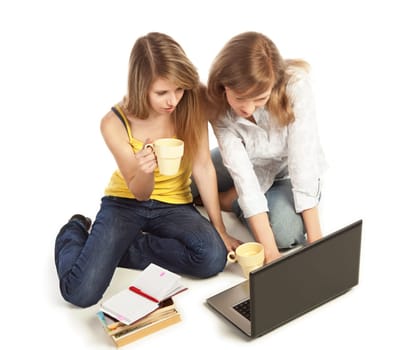 Two young pretty blond women working with laptop computer