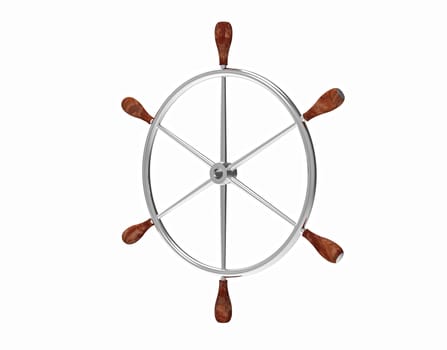 Metal ship steering wheel isolated on white 3d render