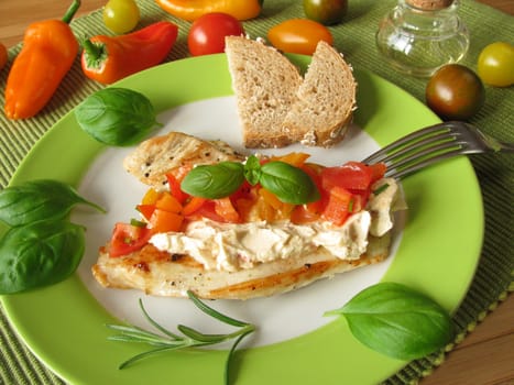 Cream cheese and tomato-pepper salsa on turkey
