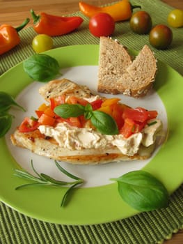 Cream cheese and tomato-pepper salsa on turkey