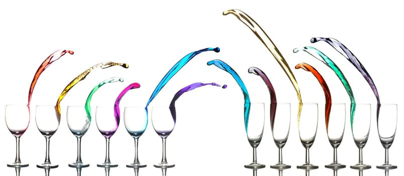 Colored liquid splashing out on a white background