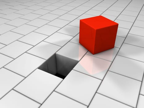 Red cube next to the hole, puzzle, 3d render