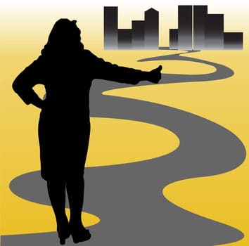 young girl to hitch a lift on automobile highway